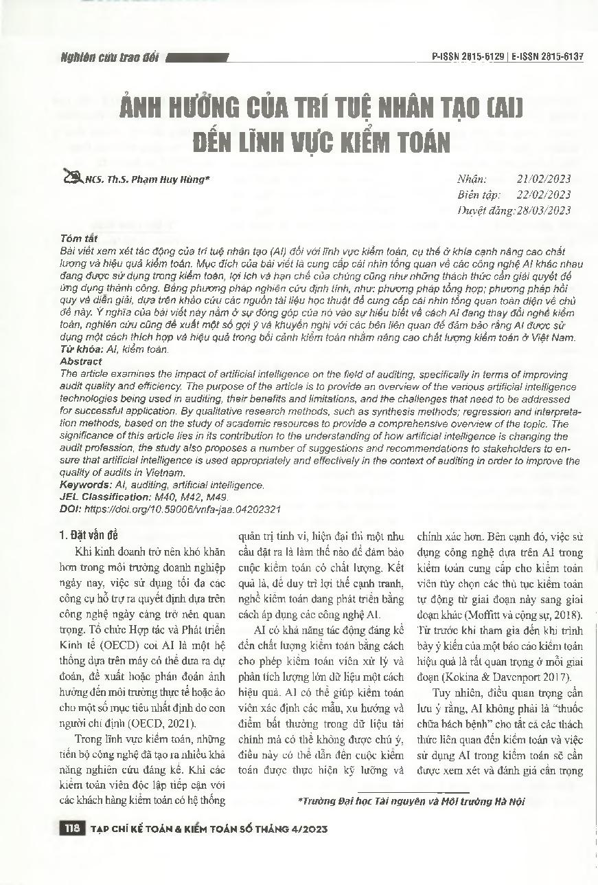 Ảnh hưởng của trí tuệ nhân tạo đến lĩnh vực kiểm toán = The influence of artificial intelligence on the field of auditing