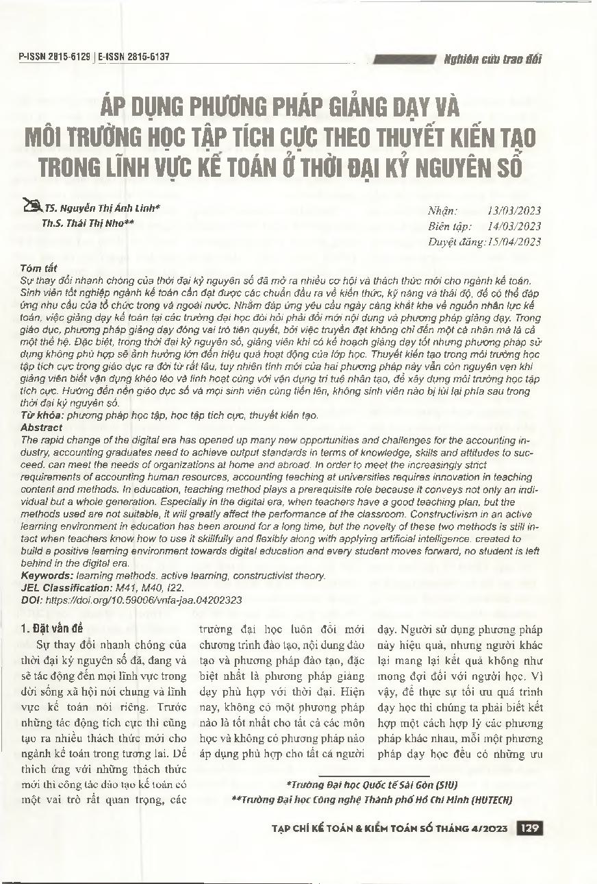 Áp dụng phương pháp giảng dạy và môi trường học tập tích cực theo thuyết kiến tạo trong lĩnh vực kế toán ở thời đại kỷ nguyên số = Applying constructivist positive teaching methods and learning environment in the field of accounting in the digital age