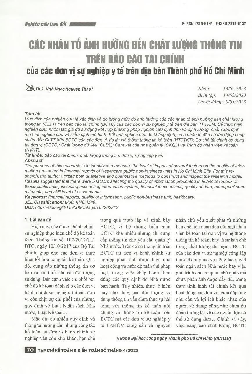 Các nhân tố ảnh hưởng đến chất lượng thông tin trên báo cáo tài chính của các các đơn vị sự nghiệp y tế trên địa bàn thành phố Hồ Chí Minh = Factors affecting the quality of information presented in financial reports of Healthcare public non-business uni