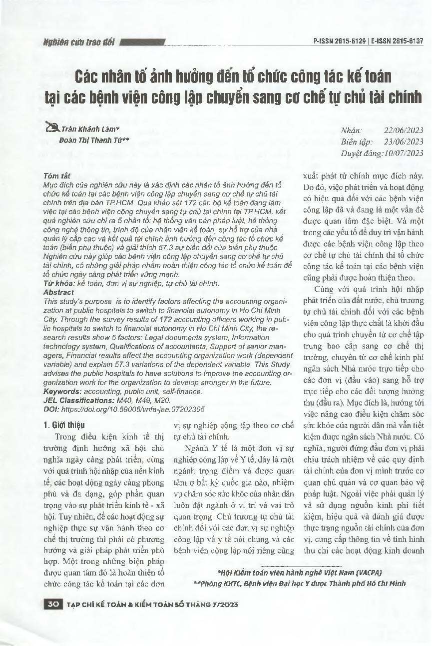 Các nhân tố ảnh hưởng đến tổ chức công tác kế toán tại các bệnh viện công lập chuyển sang cơ chế tự chủ tài chính