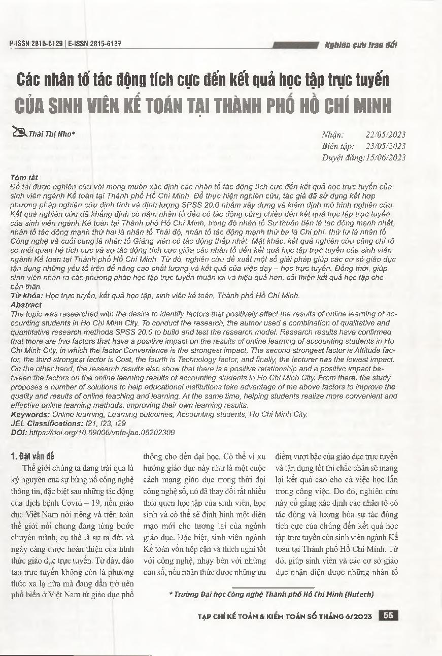 Các nhân tố tác động tích cực đến kết quả học tập trực tuyến của sinh viên kế toán tại Thành phố Hồ Chí Minh