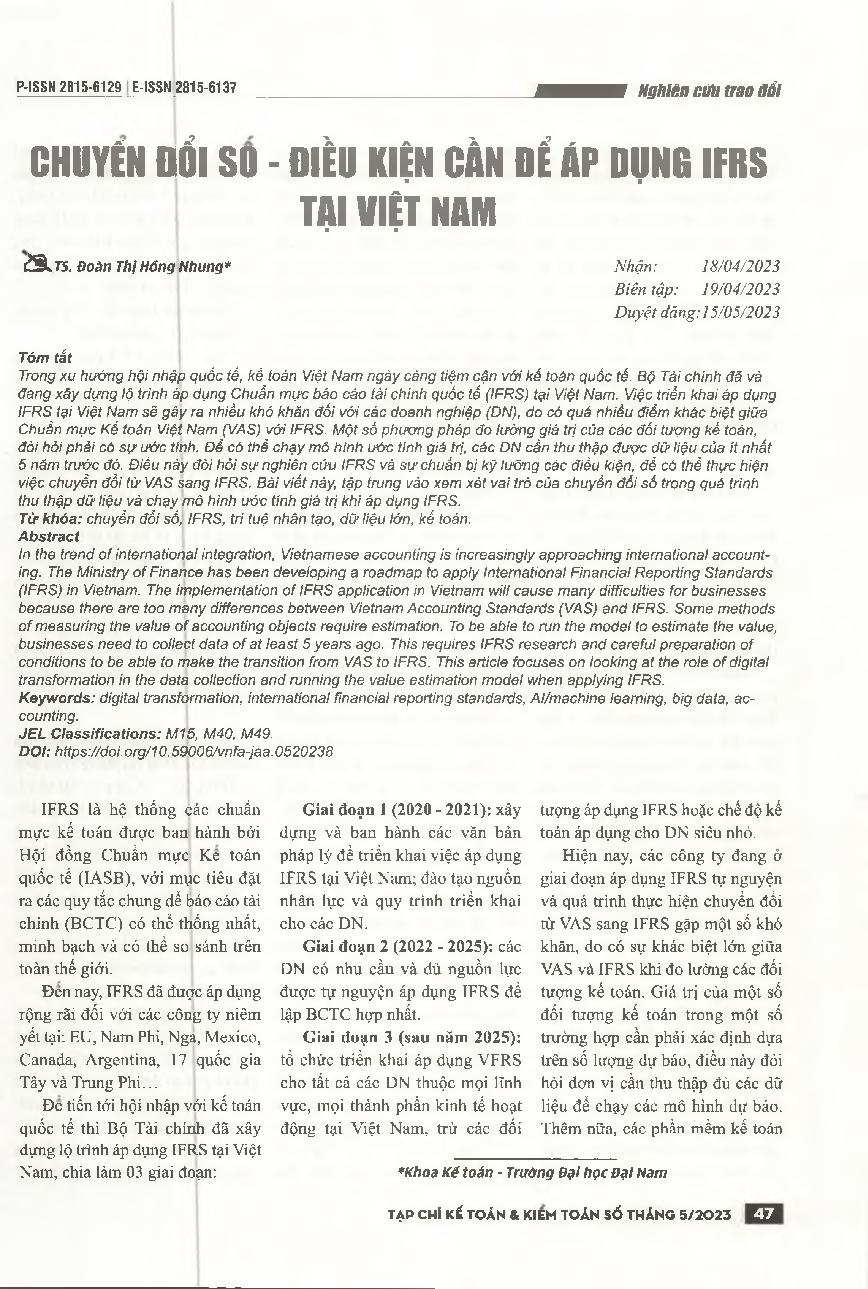 Chuyển đổi số - điều kiện cần để áp dụng chuẩn mực báo cáo tài chính quốc tế tại Việt Nam = Digital transformation – conditions needed to apply international financial reporting standards in Vietnam