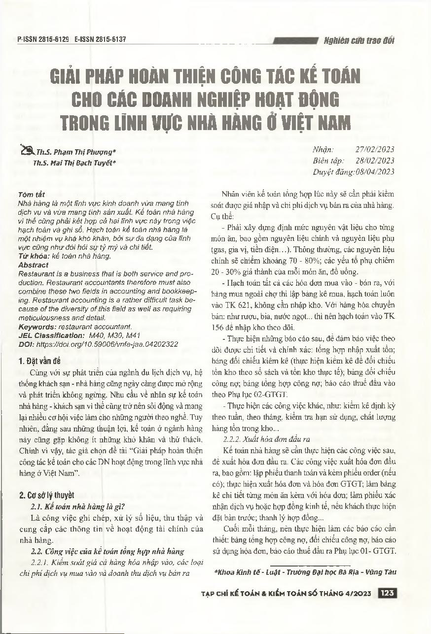 Giải pháp hoàn thiện công tác kế toán cho các doanh nghiệp hoạt động trong lĩnh vực nhà hàng ở Việt Nam = Solution to complete accounting for businesses operated in restaurants in Vietnam