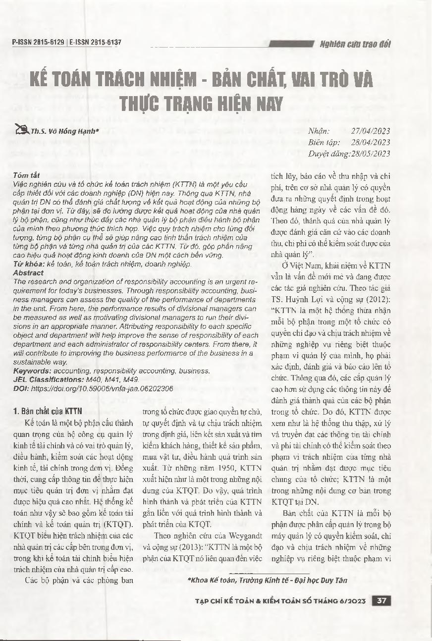 Kế toán trách nhiệm - Bản chất, vai trò và thực trạng hiện nay