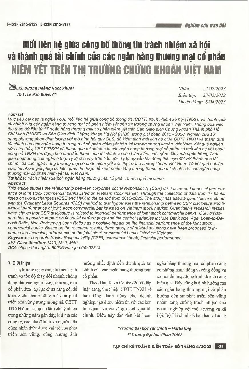 Mối liên hệ giữa công bố thông tin trách nhiệm xã hội và thành quả tài chính của các ngân hàng thương mại cổ phần niêm yết trên thị trường chứng khoán Việt Nam = The relationship between corporate social responsibility (CSR) disclosure and financial perfo