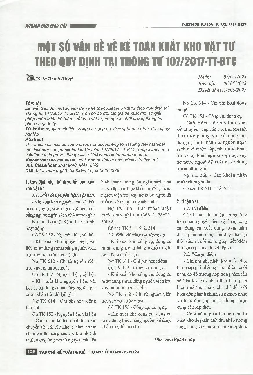 Một số vấn đề về kế toán xuất kho vật tư theo quy định tại Thông tư 107/2017-TT-BTC