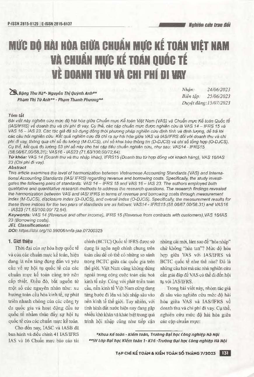 Mức độ hài hòa giữa chuẩn mực kế toán Việt Nam và chuẩn mực kế toán quốc tế về doanh thu và chi phí đi vay
