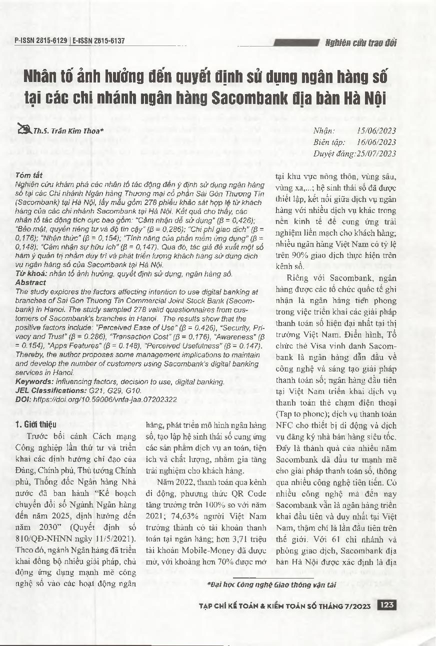 Nhân tố ảnh hưởng đến quyết định sử dụng ngân hàng số tại các chi nhánh ngân hàng Sacombank địa bàn Hà Nội