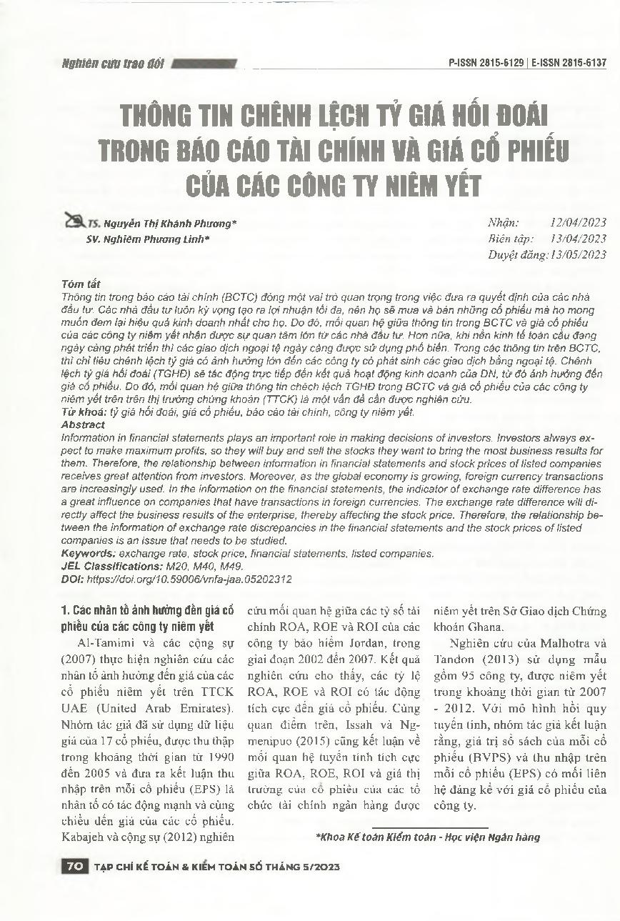 Thông tin chênh lệch tỷ giá hối đoái trong báo cáo tài chính và giá cổ phiếu của các công ty niêm yết = Exchange differences in financial statements and stock prices of listed companies