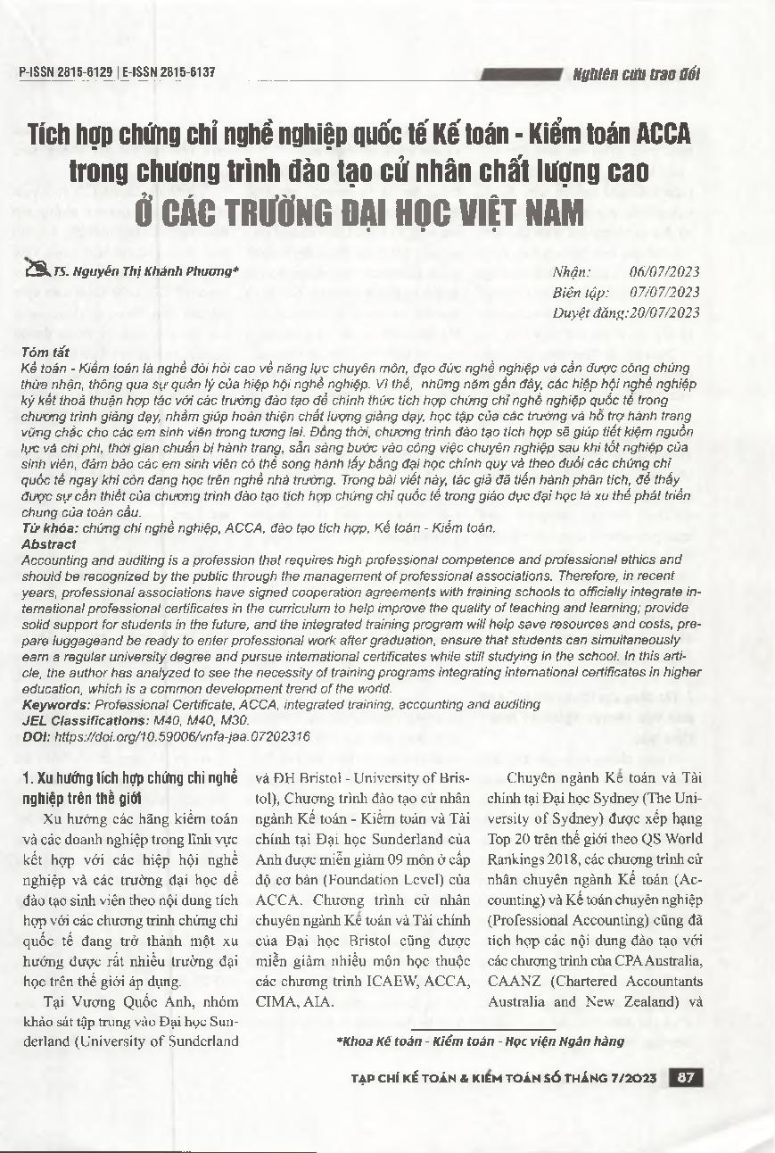 Tích hợp chứng chỉ nghề nghiệp quốc tế Kế toán - Kiểm toán ACCA trong chương trình đào tạo cử nhân chất lượng cao tại các trường đại học Việt Nam