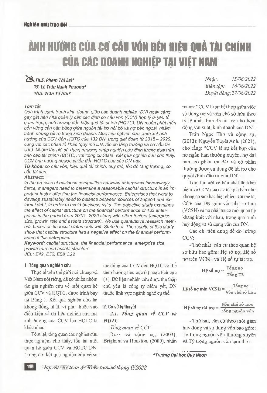 Ảnh hưởng của cơ cấu vốn đến hiệu quả tài chính của các doanh nghiệp tại Việt Nam = Impact of capital structure on the financial performance of enterprises in Vietnam
