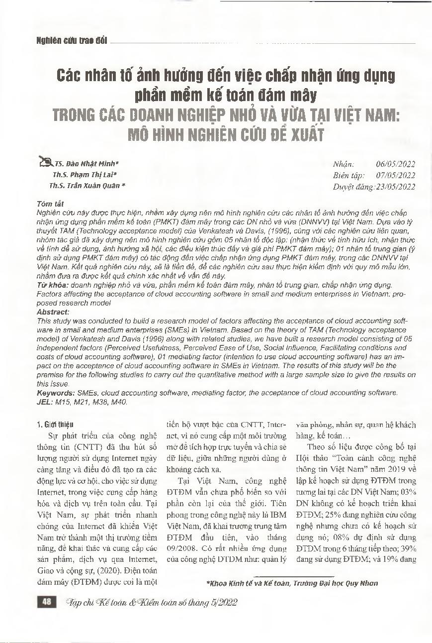 Các nhân tố ảnh hưởng đến việc chấp nhận ứng dụng phần mềm kế toán đám mây trong các doanh nghiệp nhỏ và vừa tại Việt Nam: mô hình nghiên cứu đề xuất = Factors affecting the acceptance of cloud accounting software in small and medium enterprises in Vietna