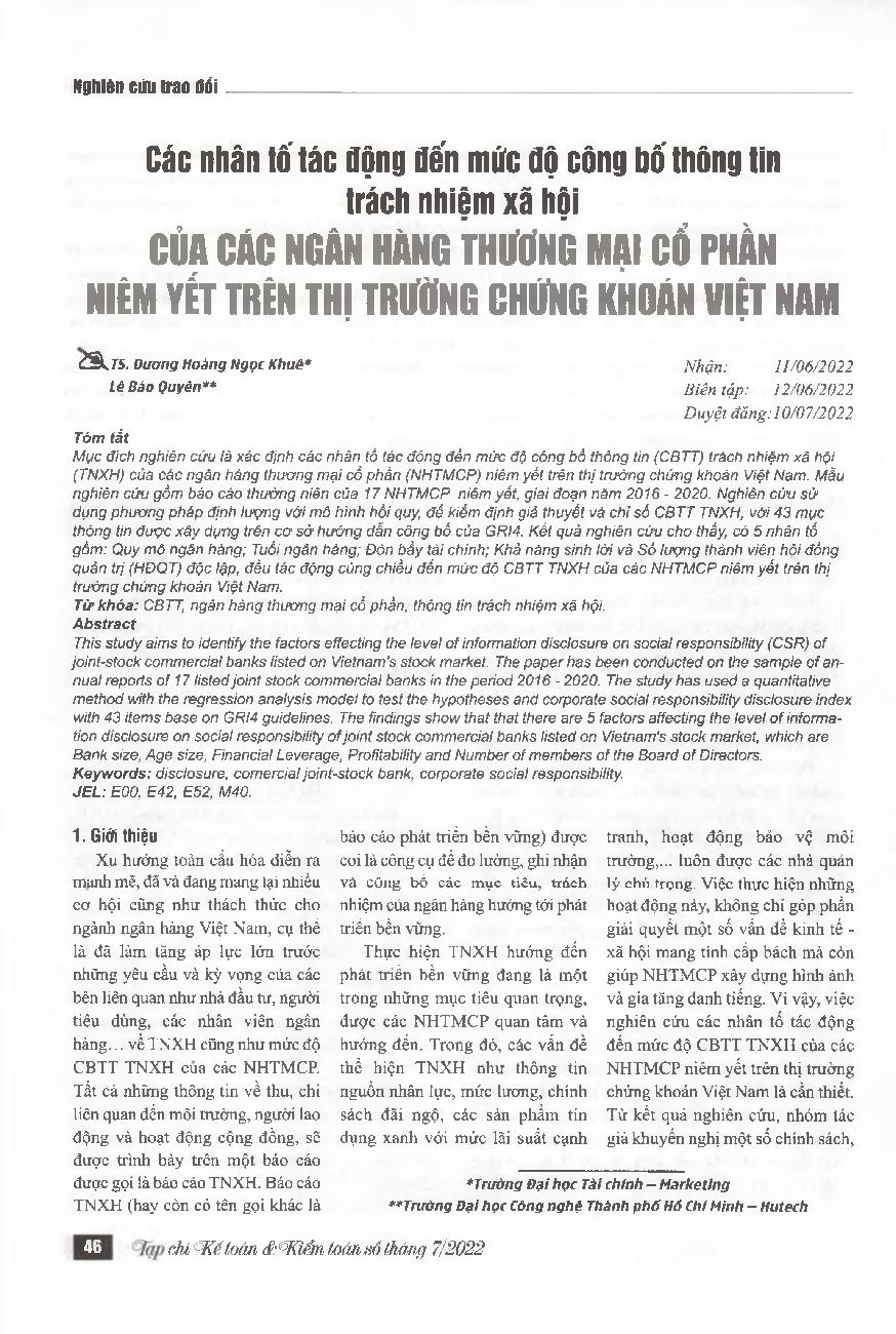 Các nhân tố tác động đến mức độ công bố thông tin trách nhiệm xã hội của các ngân hàng thương mại cổ phần niêm yết trên thị trường chứng khoán Việt Nam = Factors affecting the level of corporate social responsibility disclosure of joint - stock commercial