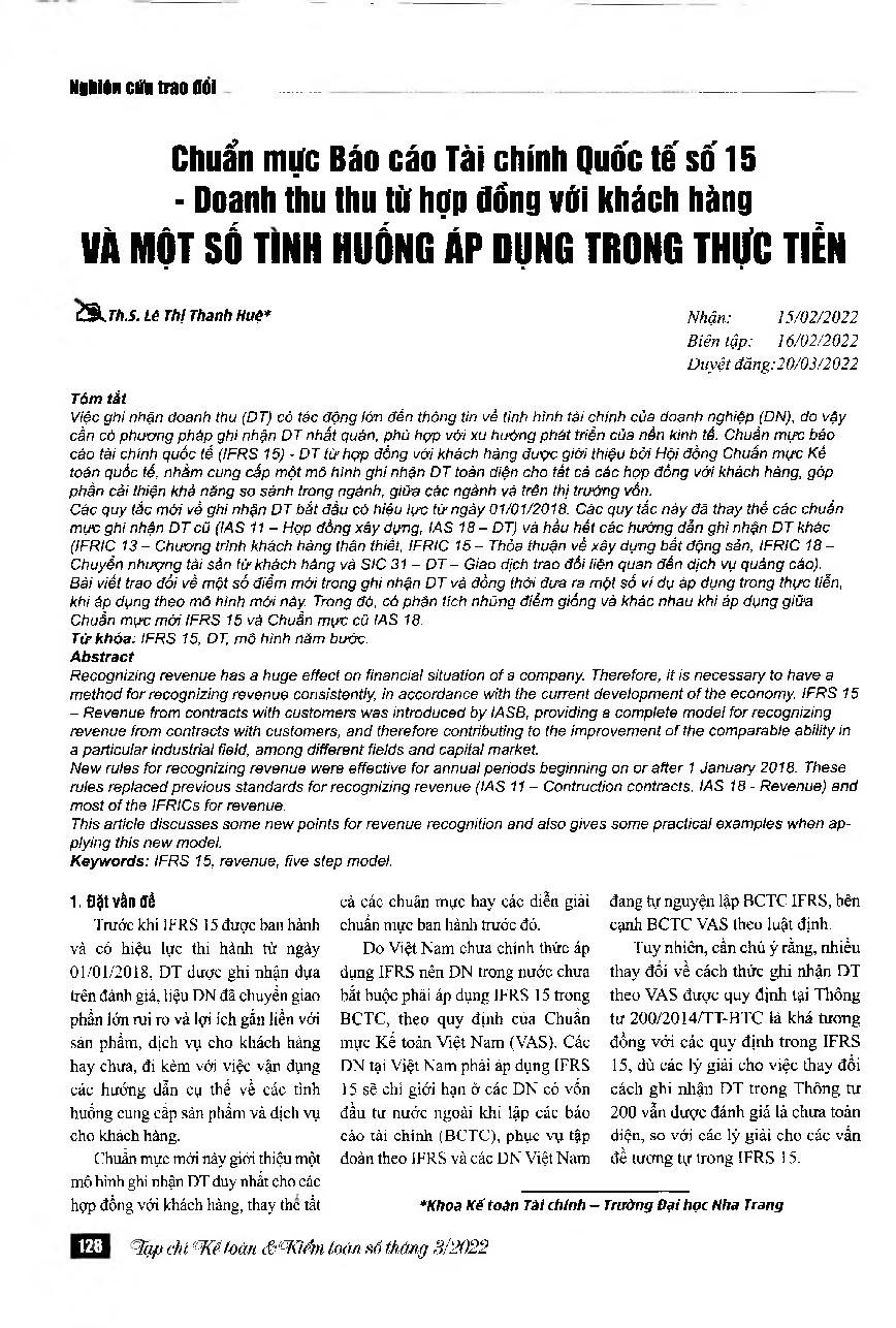 Chuẩn mực Báo cáo Tài chính quốc tế số 15 - Doanh thu từ hợp đồng với khách hàng và một số tình huống áp dụng trong thực tiễn = IFRS 15 - revenue from contracts with customers and some practical examples