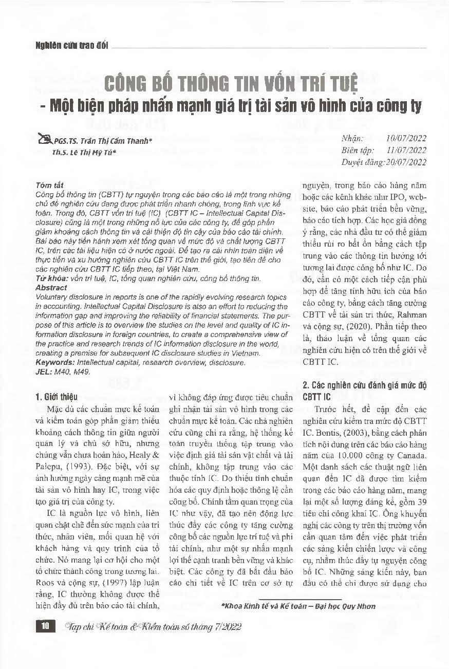 Công bố thông tin vốn trí tuệ - Một biện pháp nhấn mạnh giá trị tài sản vô hình của công ty = Intellectual capital disclosure - Research overview