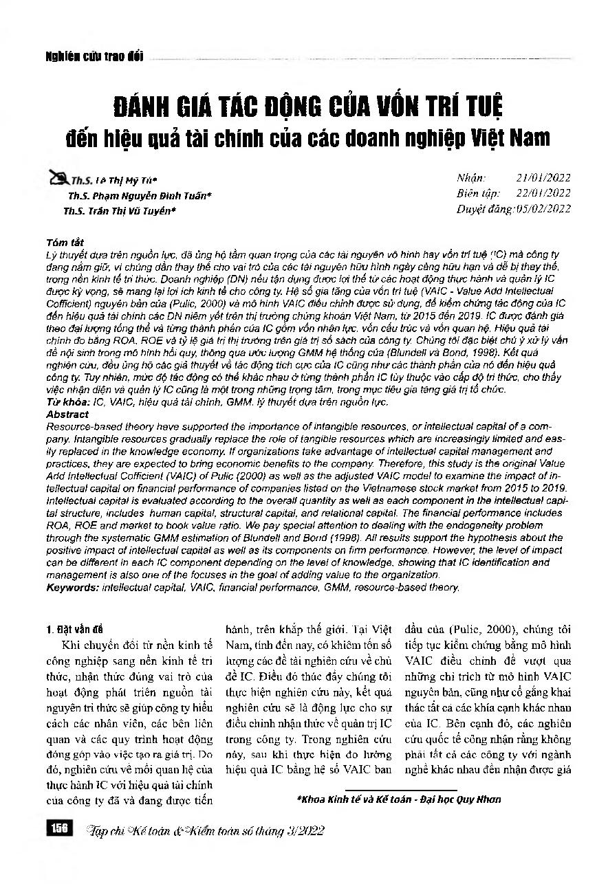 Đánh giá tác động của vốn trí tuệ đến hiệu quả tài chính của các doanh nghiệp Việt Nam = Impact of intellectual capital on financial performance in Vietnam