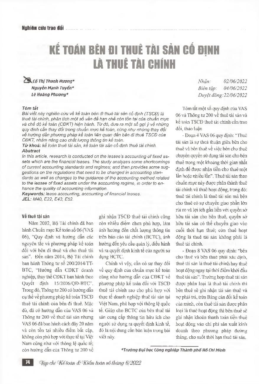 Kế toán bên đi thuê tài sản cố định là thuê tài chính = The lessee's accounting for fixed assets which are financial leaes