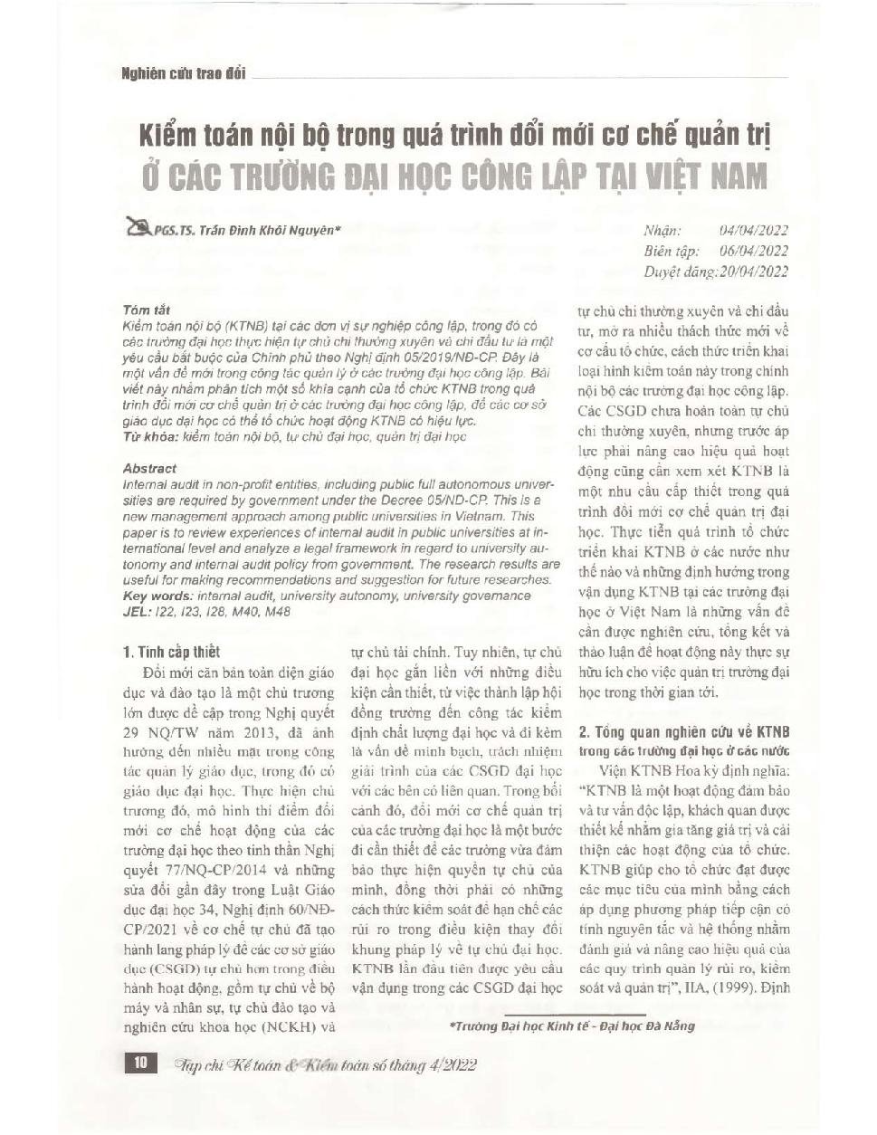 Kiểm toán nội bộ trong quá trình đổi mới cơ chế quản trị ở các trường đại học công lập Việt Nam = Internal audit and corporate governance in the autonomous Process among public universities in Vietnam