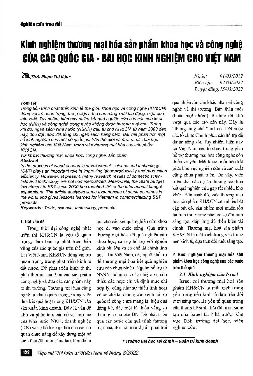 Kinh nghiệm thương mại hóa sản phẩm khoa học và công nghệ của các quốc gia - Bài học kinh nghiệm cho Việt Nam = Experience in commercializing science and technology products of other countries: lessons learned for Vietnam