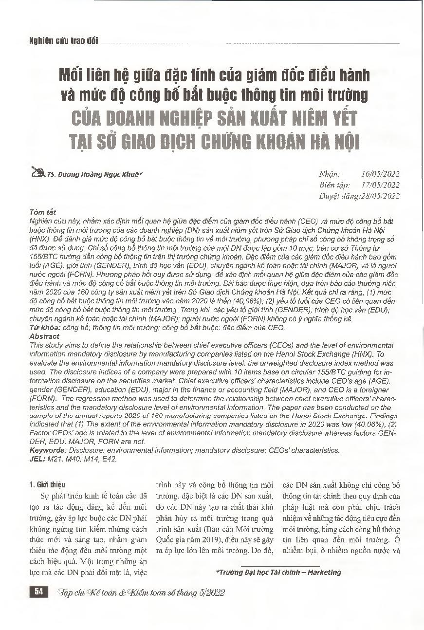Mối liên hệ giữa đặc tính của giám đốc điều hành và mức độ công bố bắt buộc thông tin môi trường của doanh nghiệp sản xuất niêm yết tại Sở Giao dịch Chứng khoán Hà Nội = Relationship between chief executive officer characteristics and environmental inform