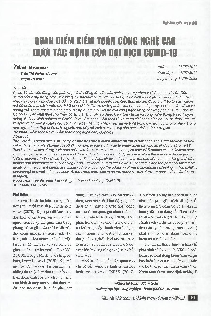 Quan điểm kiểm toán công nghệ cao dưới tác động của đại dịch Covid-19 = The viewpoints of technology-enhanced auditing under the impact of Covid-19