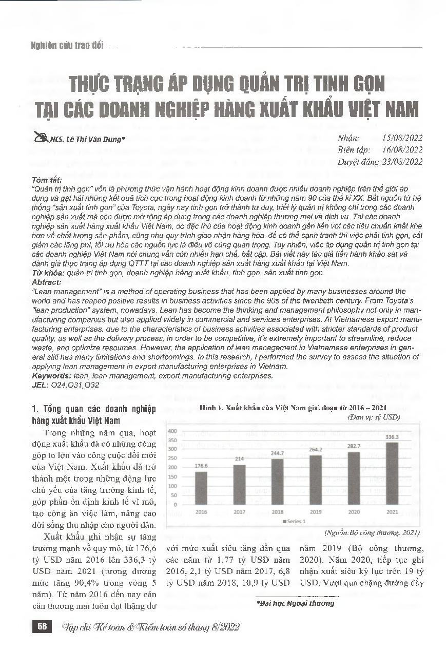 Thực trạng áp dụng quản trị tinh gọn tại các doanh nghiệp xuất khẩu Việt Nam = The factors effecting the effectiveness of the application of Lean management in export manufacturing enterprises in Vietnam