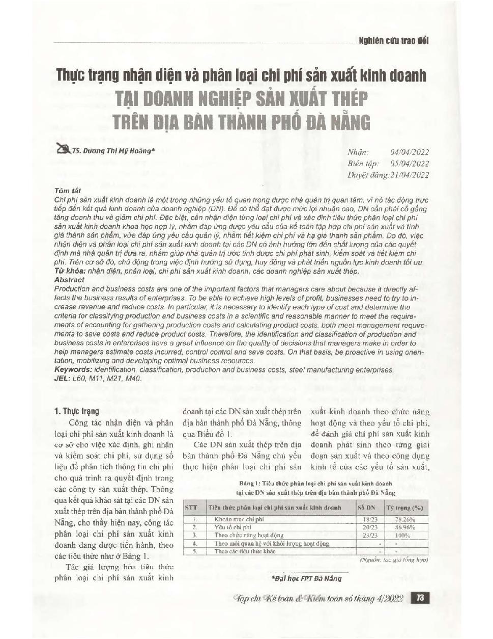 Thực trạng nhận diện và phân loại chi phí sản xuất kinh doanh tại doanh nghiệp sản xuất thép trên địa bàn thành phố Đà Nẵng = Actual Situation of Identification and Classification of Production and Business Costs at Steel Manufacturing Enterprises in Da N