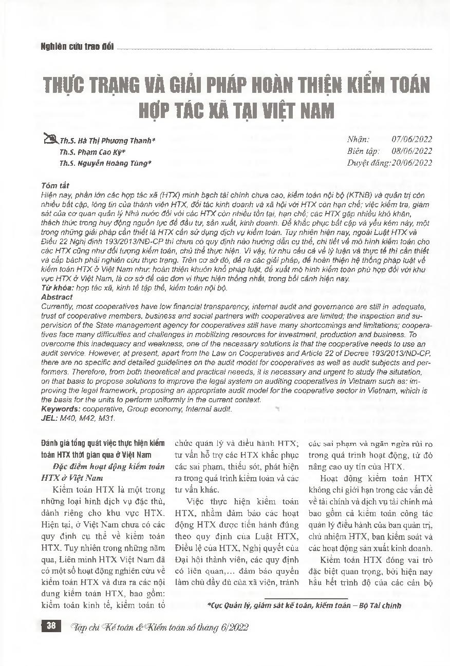 Thực trạng và giải pháp hoàn thiện Kiểm toán Hợp tác xã tại Việt Nam = Reality and solutions to improve cooperative audit in Vietnam