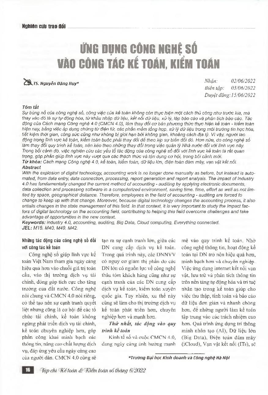 Ứng dụng công nghệ số vào công tác kế toán, kiểm toán = Application of digital technology in accounting and audit