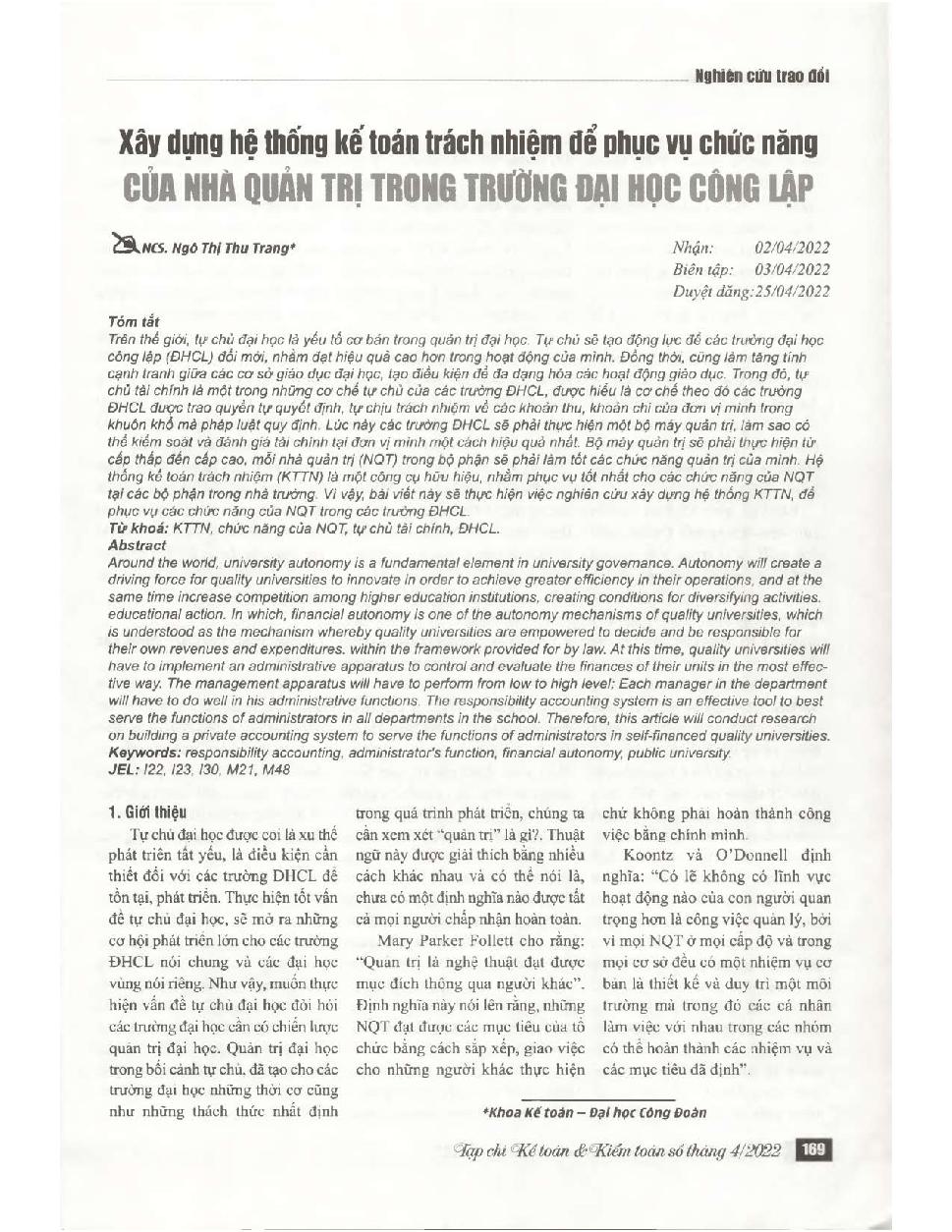 Xây dựng hệ thống kế toán trách nhiệm để phục vụ chức năng của nhà quản trị trong trường đại học công lập = Building a responsibility accounting system to serve functions of administrative in public university