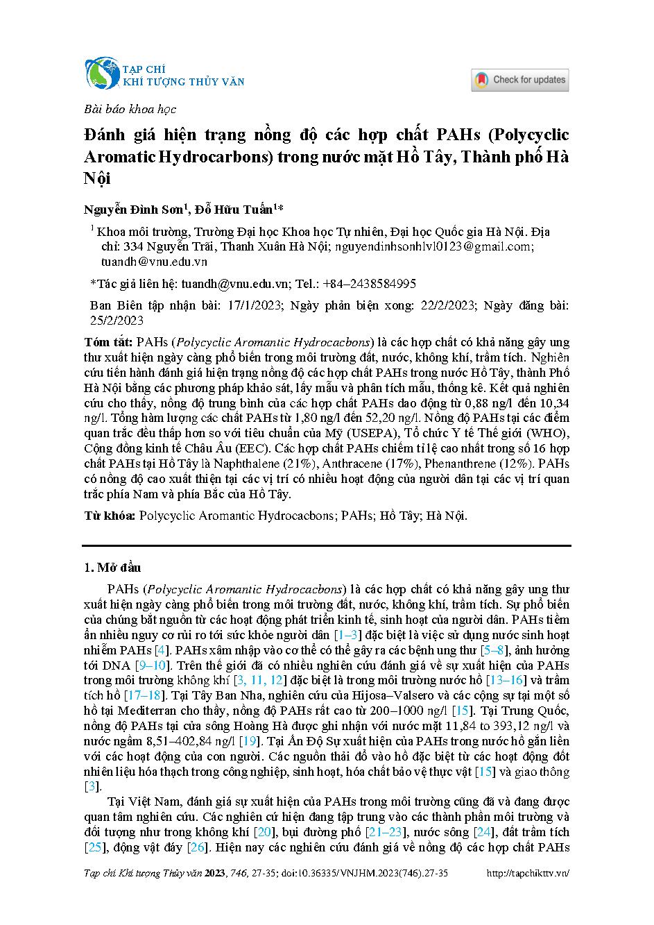 Đánh giá hiện trạng nồng độ các hợp chất PAHs (Polycyclic Aromatic Hydrocarbons) trong nước mặt Hồ Tây, Thành phố Hà Nội = Assessment of PAHs (Polycyclic Aromatic Hydrocarbons) concentration in surface water of Hotay Lake, Hanoi City