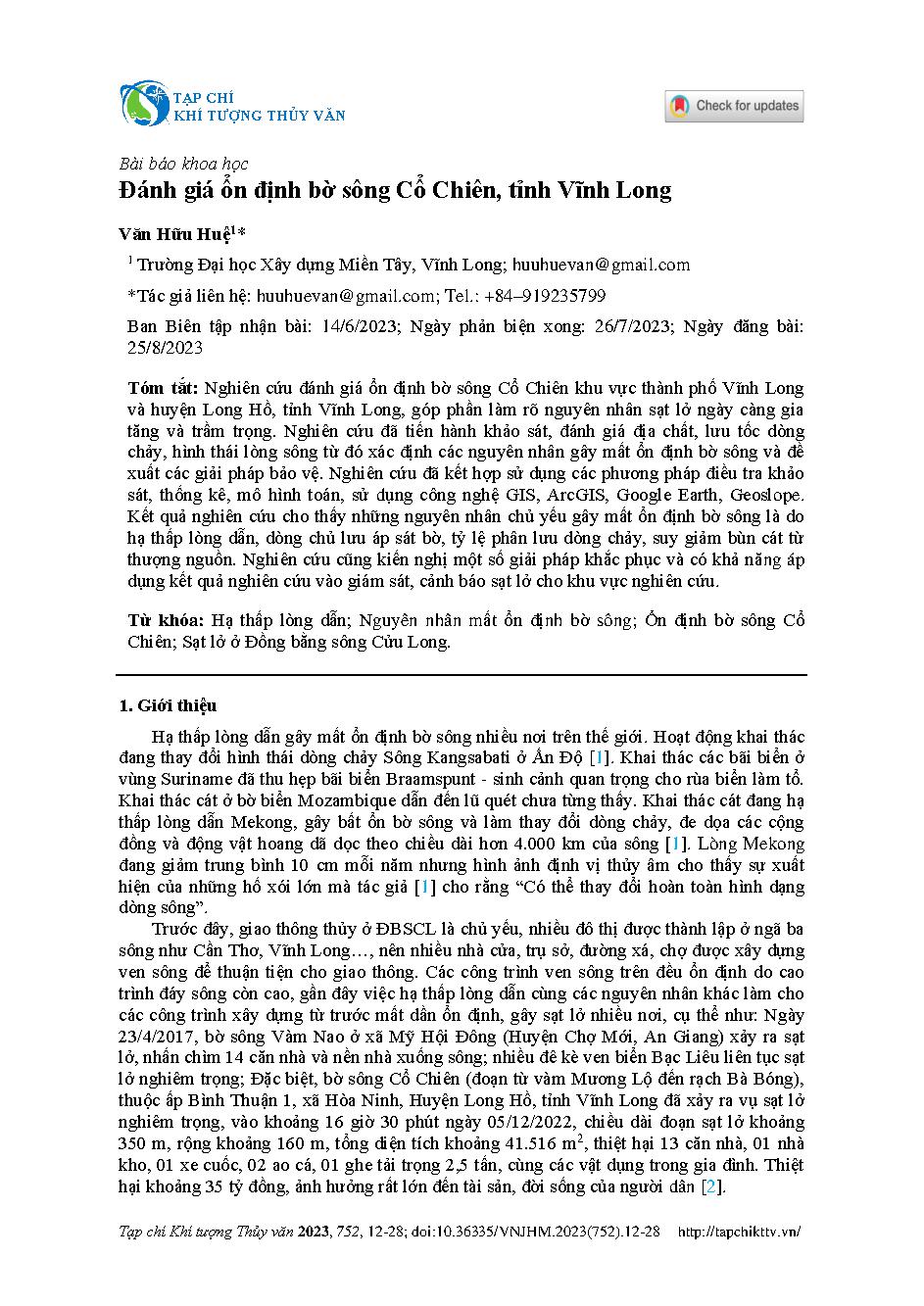 Đánh giá ổn định bờ sông Cổ Chiên, tỉnh Vĩnh Long = Assessment of stability of Co Chien riverbank, Vinh Long province