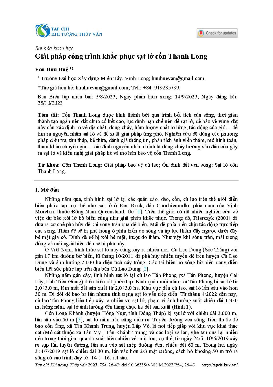 Giải pháp công trình khắc phục sạt lở cồn Thanh Long = Construction solutions overcomes erosions in Thanh Long Island