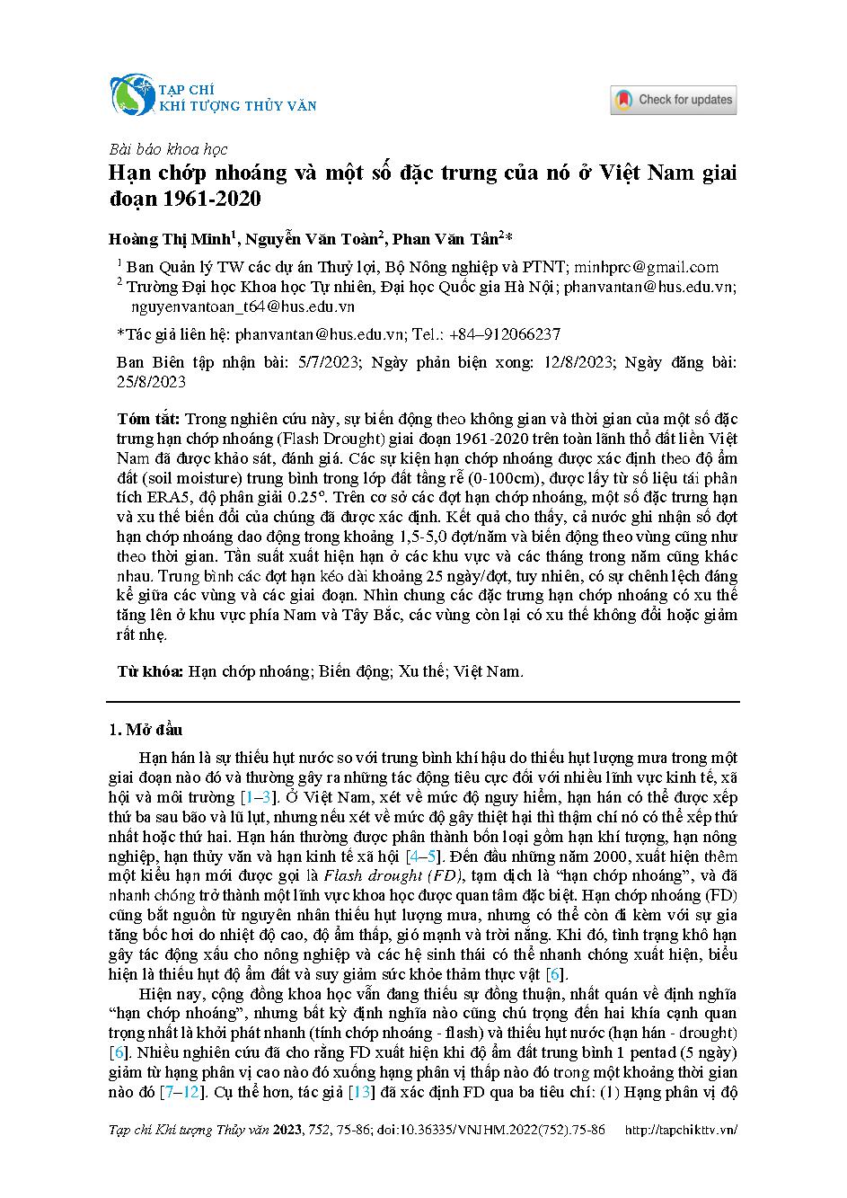 Hạn chớp nhoáng và một số đặc trưng của nó ở Việt Nam giai đoạn 1961-2020 = Flash drought in Vietnam and some of its characteristics during the period of 1961-2020