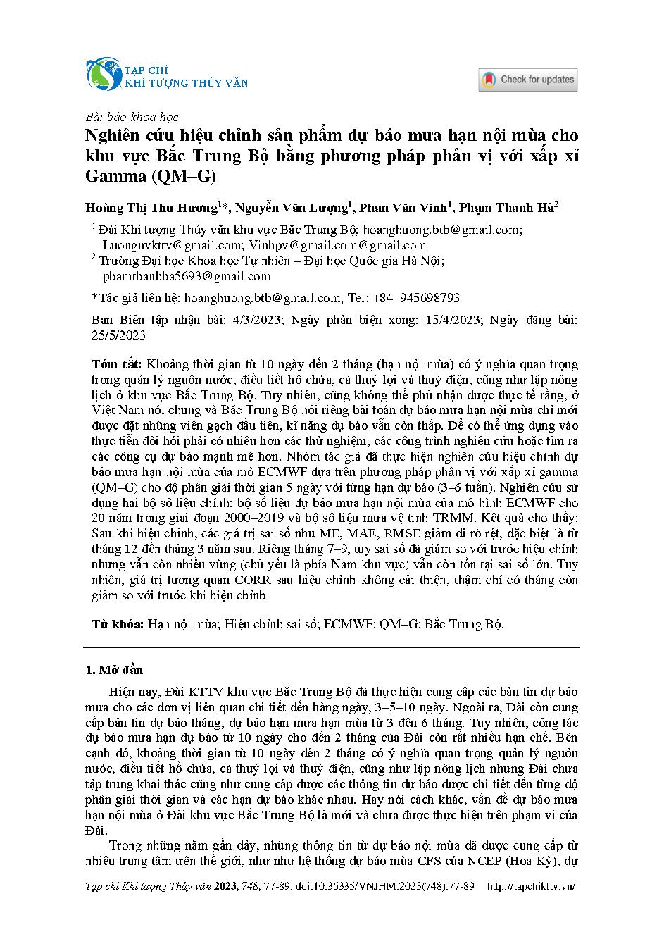 Nghiên cứu hiệu chỉnh sản phẩm dự báo mưa hạn nội mùa cho khu vực Bắc Trung Bộ bằng phương pháp phân vị với xấp xỉ Gamma (QM–G) = Application of the quantile mapping method with gamma approximation (QM–G) for sub–seasonal to seasonal rainfal