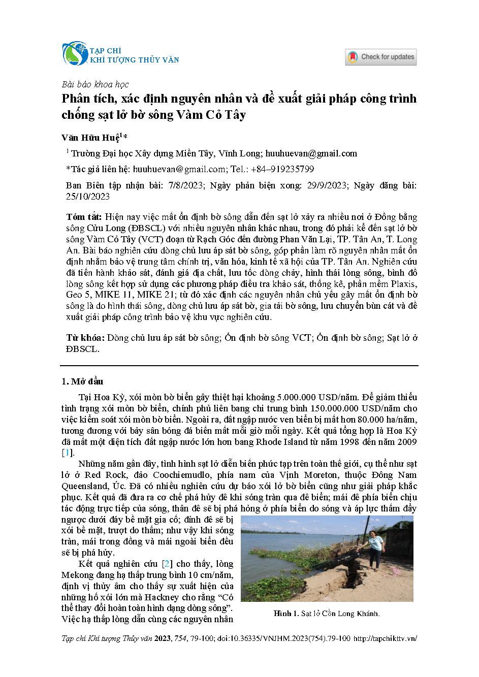 Phân tích, xác định nguyên nhân và đề xuất giải pháp công trình chống sạt lở bờ sông Vàm Cỏ Tây = Construction solutions prevents erosion on Vam Co Tay riverbank