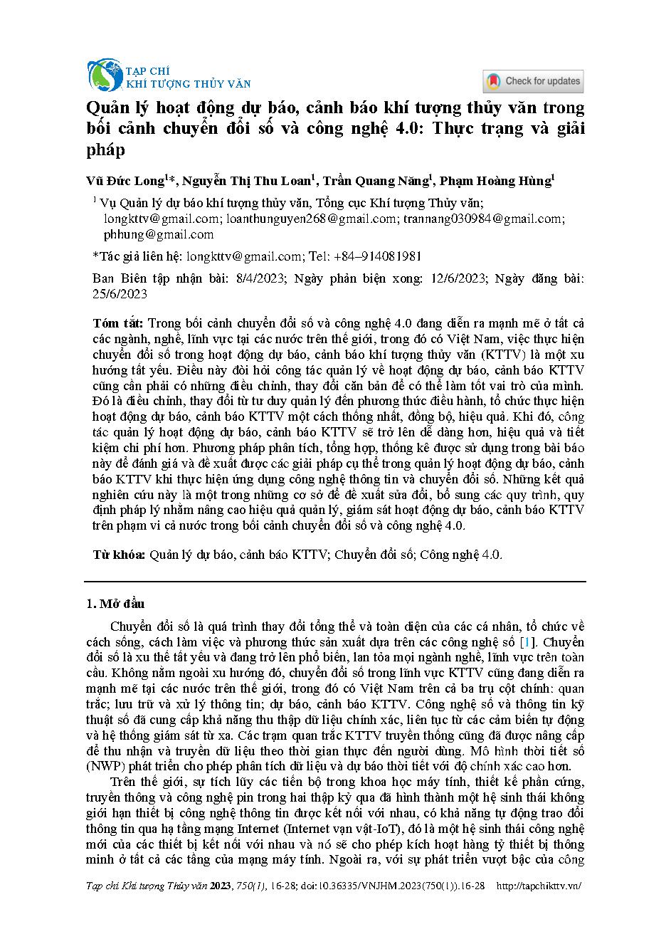 Quản lý hoạt động dự báo, cảnh báo khí tượng thủy văn trong bối cảnh chuyển đổi số và công nghệ 4.0: Thực trạng và giải pháp = Management of hydro-meteorological forecasting activities in the context of digital transformation and the 4.0 technology: Curre