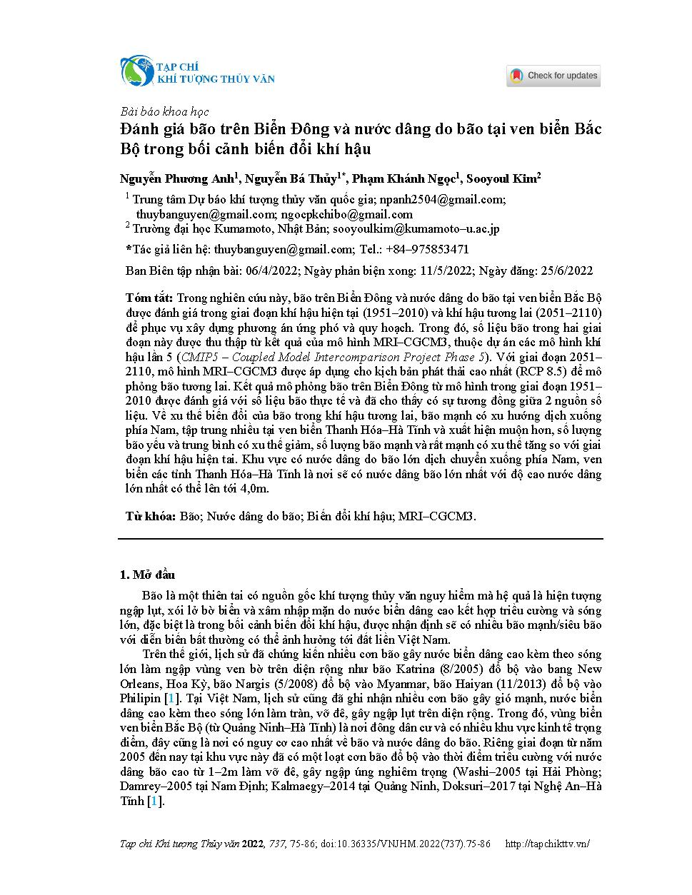 Đánh giá bão trên Biển Đông và nước dâng do bão tại ven biển Bắc Bộ trong bối cảnh biến đổi khí hậu = Assessment of storms in Bien Dong (the East Sea) and storm surge in the North Coast of Viet Nam affecting by climate change