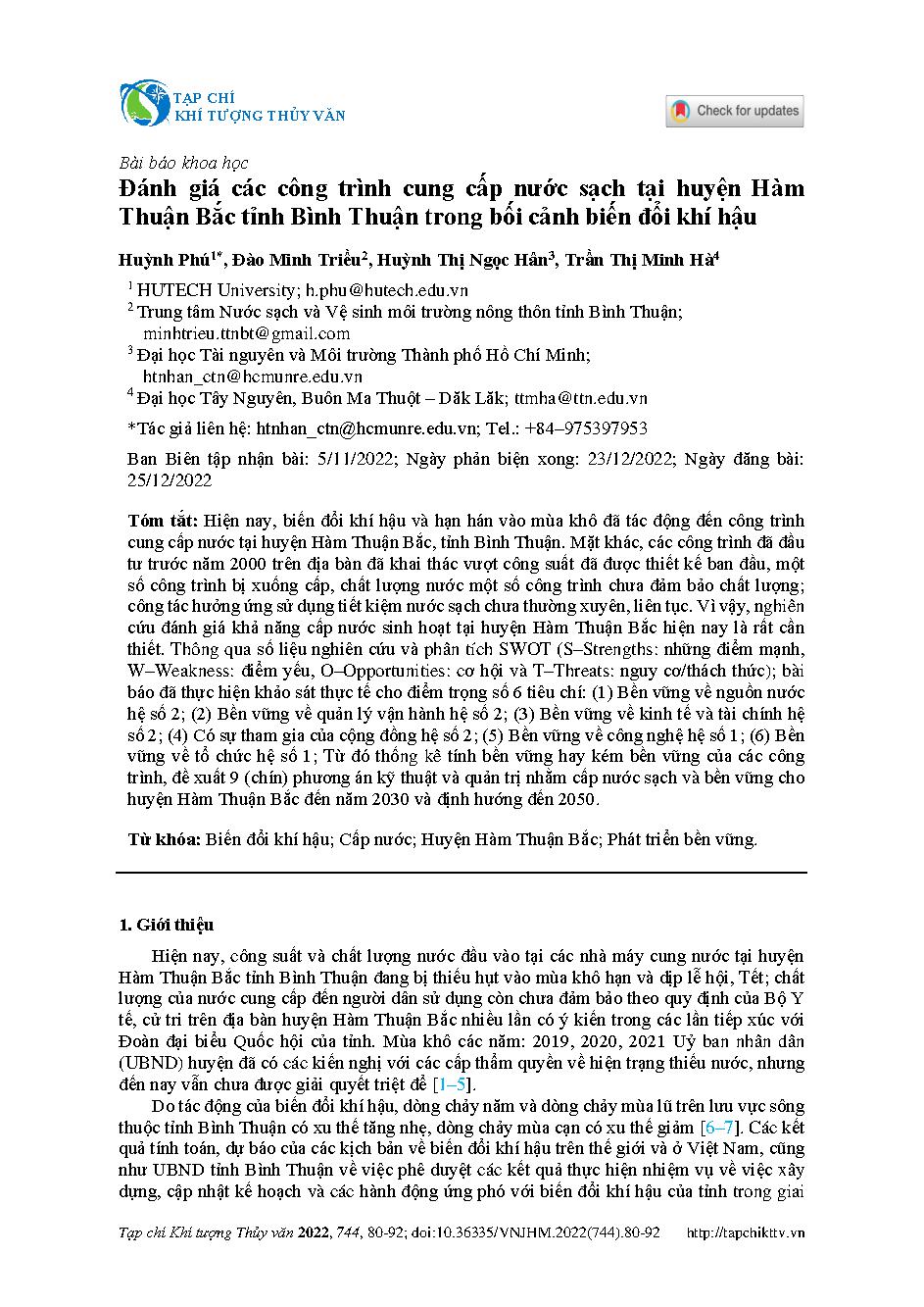 Đánh giá các công trình cung cấp nước sạch tại huyện Hàm Thuận Bắc tỉnh Bình Thuận trong bối cảnh biến đổi khí hậu = Assessing the sustainability of clean water supply works in Ham Thuan Bac district, Binh Thuan province in the context of climate change