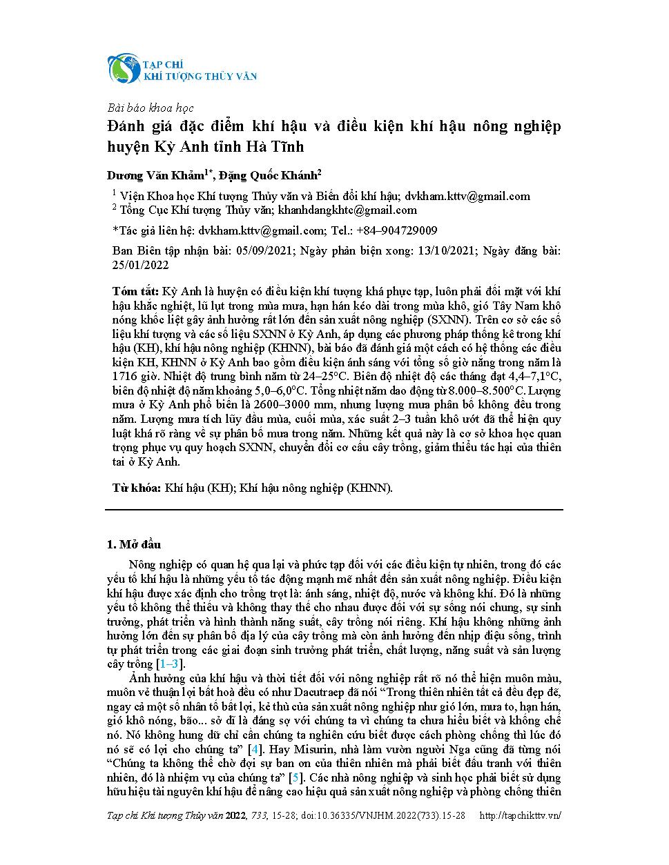 Đánh giá đặc điểm khí hậu và điều kiện khí hậu nông nghiệp huyện Kỳ Anh tỉnh Hà Tĩnh = Evaluation of climate characteristics and agro–climatic conditions Ky Anh district, Ha Tinh province