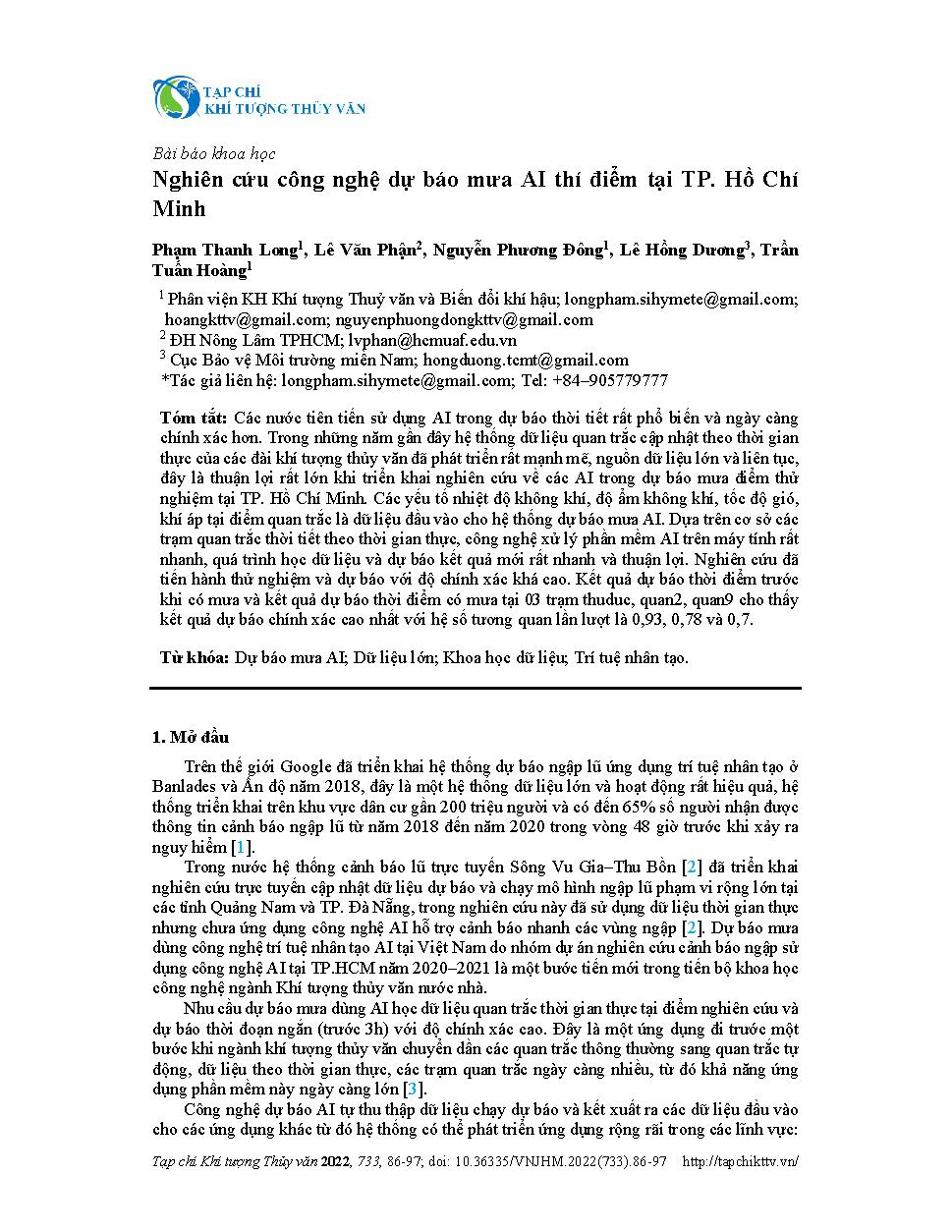 Nghiên cứu công nghệ dự báo mưa AI thí điểm tại TP. Hồ Chí Minh = Research on pilot AI rain forecasting technology in Ho Chi Minh City