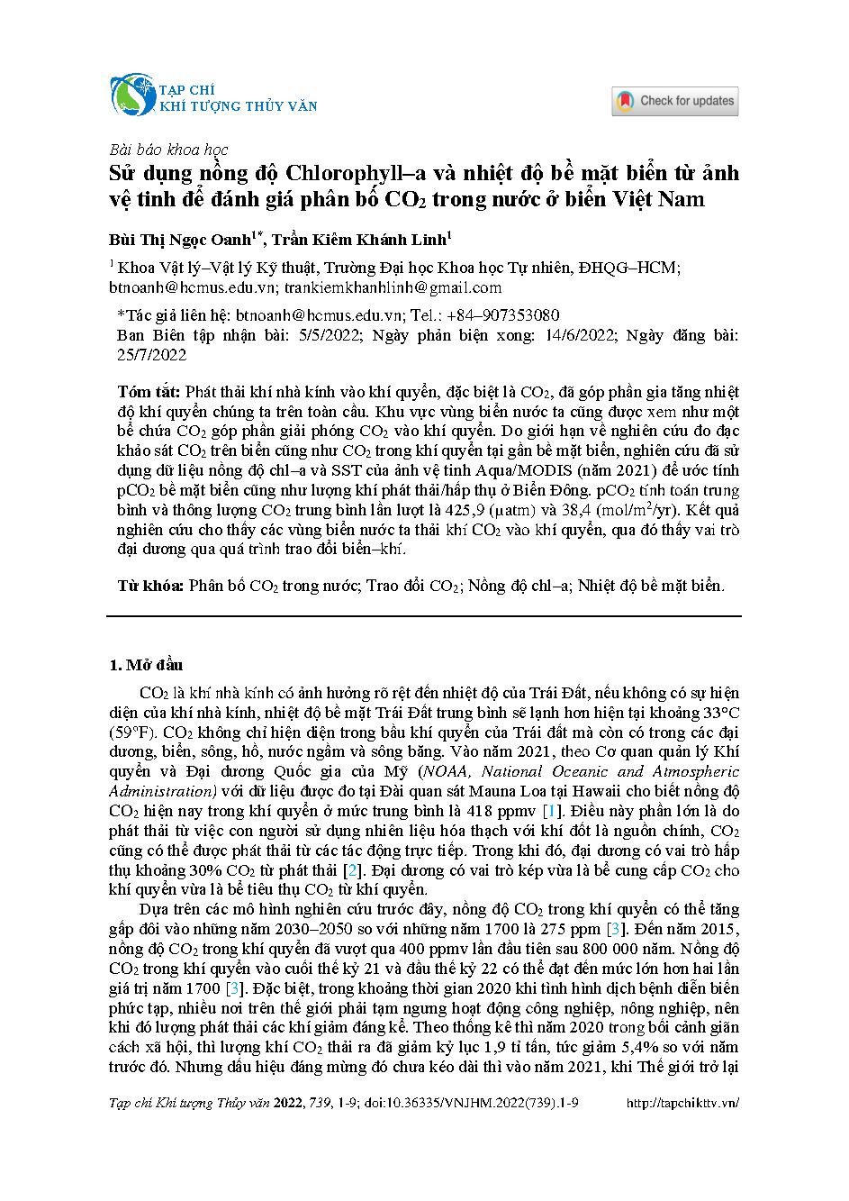 Sử dụng nồng độ Chlorophyll–a và nhiệt độ bề mặt biển từ ảnh vệ tinh để đánh giá phân bố CO2 trong nước ở biển Việt Nam = Using satellite data of chlorophyll–A and sea surface temperature to evaluate dissolved CO2 distribution in Vietnam