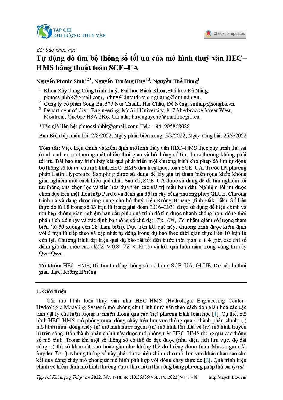 Tự động dò tìm bộ thông số tối ưu của mô hình thuỷ văn HEC– HMS bằng thuật toán SCE–UA = Automatic calibration of HEC–HMS model using Shuffled Complex Evolution (SCE–UA) algorithm