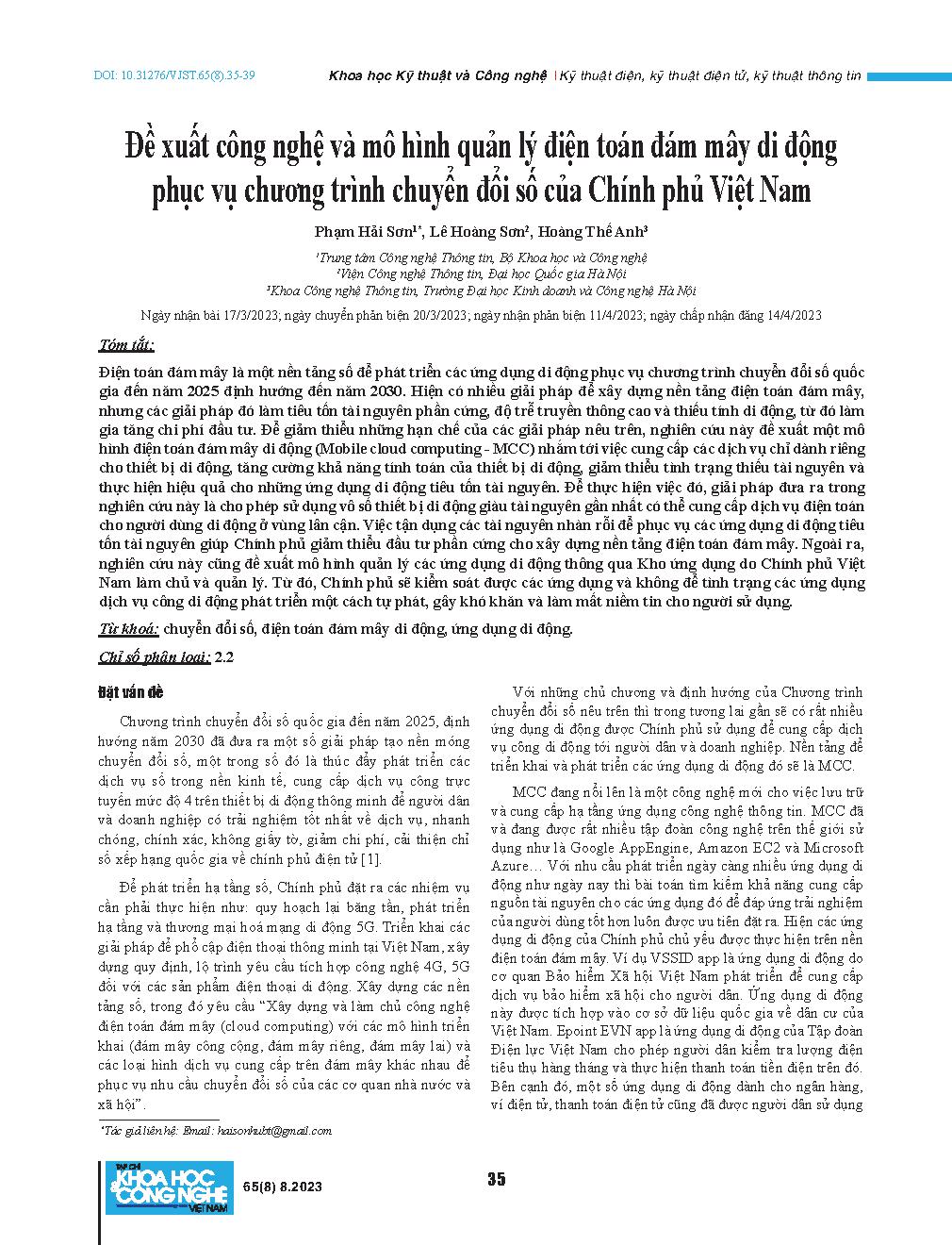 Đề xuất công nghệ và mô hình quản lý điện toán đám mây di động phục vụ chương trình chuyển đổi số của Chính phủ Việt Nam = Propose technology and management model of mobile cloud computing for the Vietnam national digital transformation program