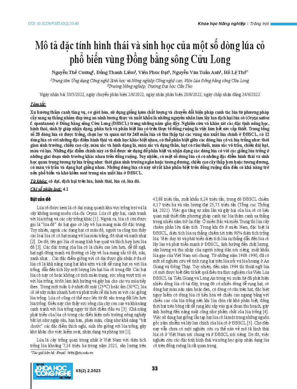 Mô tả đặc tính hình thái và sinh học của một số dòng lúa cỏ phổ biến vùng Đồng bằng sông Cửu Long = Morphology and biological characteristics of some popular weedy rices in the Mekong delta of Vietnam