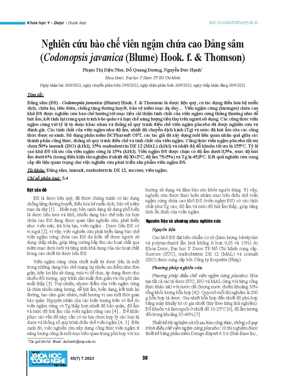 Nghiên cứu bào chế viên ngậm chứa cao Đảng sâm (Codonopsis javanica (Blume) Hook. f.  & Thomson) = Development of lozenges containing extract of Codonopsis javanica (Blume) Hook. f.  & Thomson