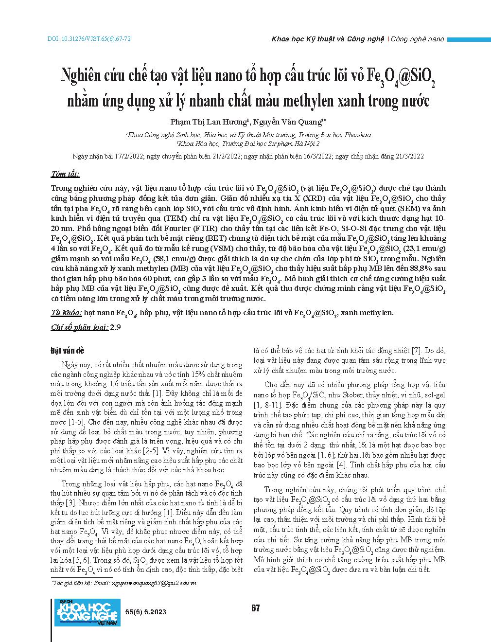 Nghiên cứu chế tạo vật liệu nano tổ hợp cấu trúc lõi vỏ Fe3O4@SiO2 nhằm ứng dụng xử lý nhanh chất màu methylen xanh trong nước = Synthesis of Fe3O4@SiO2 core-shell nanocomposite for fast removal of methylene blue from water