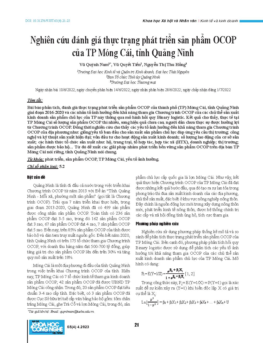 Nghiên cứu đánh giá thực trạng phát triển sản phẩm OCOP của TP Móng Cái, tỉnh Quảng Ninh = Study to assess OCOP product development status of Mong Cai city, Quang Ninh province