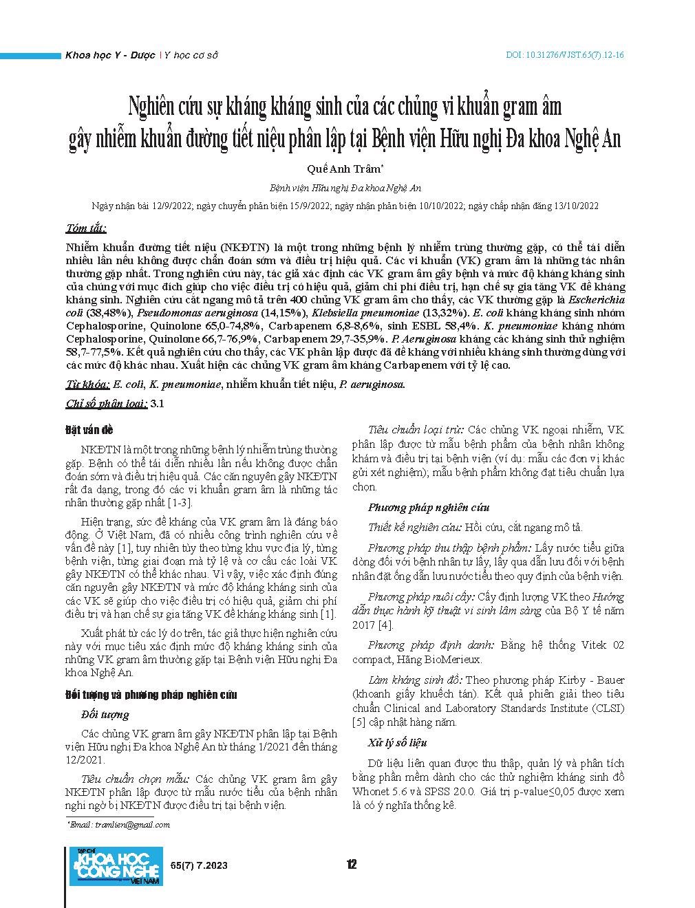 Nghiên cứu sự kháng kháng sinh của các chủng vi khuẩn gram âm gây nhiễm khuẩn đường tiết niệu phân lập tại Bệnh viện Hữu nghị Đa khoa Nghệ An = Research of antibiotics resistance of gram-negative bacteria strains causing urinary tract infections isolated 