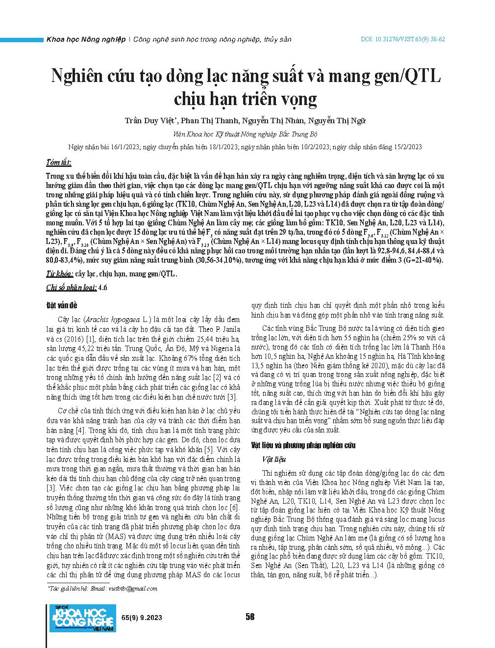 Nghiên cứu tạo dòng lạc năng suất và mang gen/QTL chịu hạn triển vọng = A study on creating highly yielded and drought-tolerant QTL gene-possessed lines of peanut